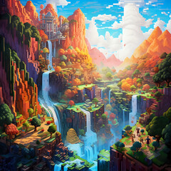 Minecraft-like block world, magnificent and awe-inspiring scenery, depiction of towering mountains, waterfalls, and lush landscapes, vibrant colors and intricate details, AI generated