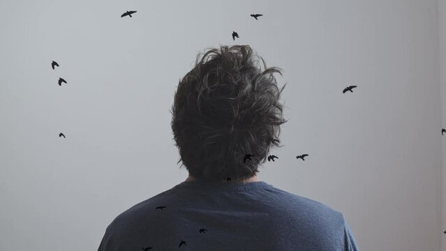 A flock of black crows is flying against the background of the back view of the Silhouette of a young adult man with tousled hair. Double exposure and computer graphics