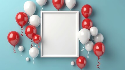 Background of balloons, hands holding a postcard, space for text, birthday, congratulations