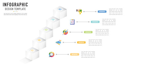 Rectangular isometric mind map infographic template or element with 5 step, process, option, colorful 3D square, rectangle, icons, button, label, paper origami for sale slide, flowchart, workflow, web