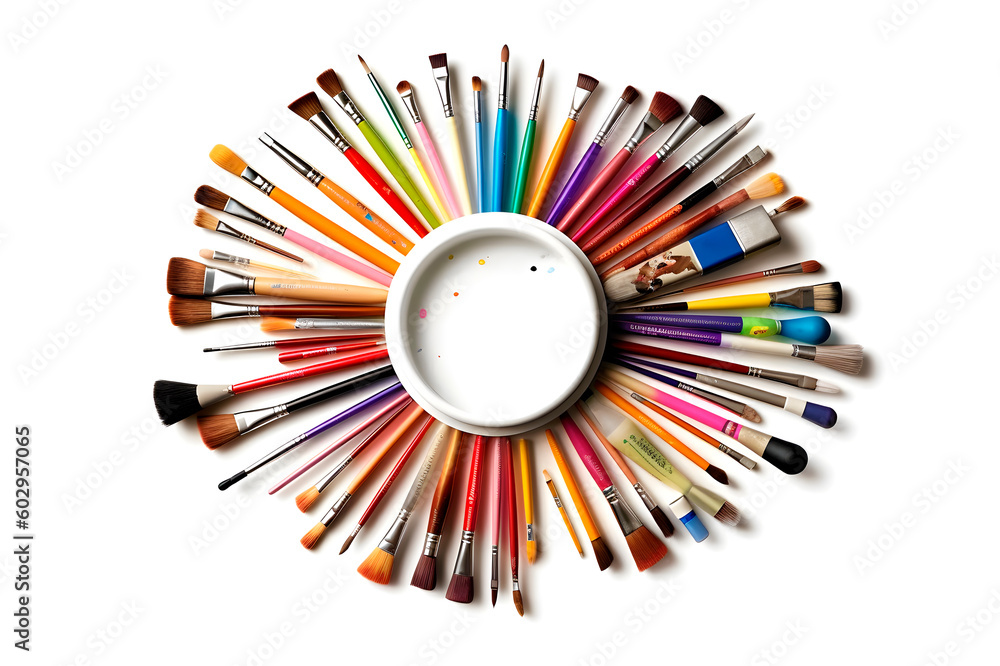 Poster brushes and tools for painting arranged in a circle on a white background with space for text, gener