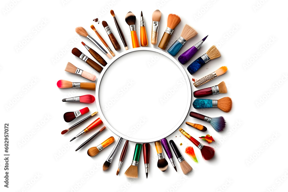 Poster brushes and tools for painting arranged in a circle on a white background with space for text, gener
