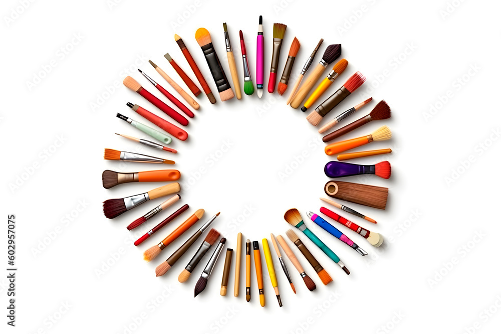 Poster brushes and tools for painting arranged in a circle on a white background with space for text, generative ai