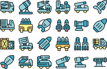 Anti-aircraft missile system icons set outline vector. Gun mortar. Vehicle war thin line color flat on white