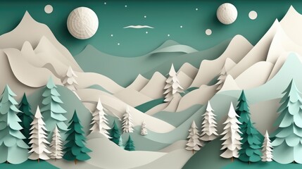 Mountain winter landscape with fir trees and snow. 3d origami, paper. Space for text, winter, holidays, christmas