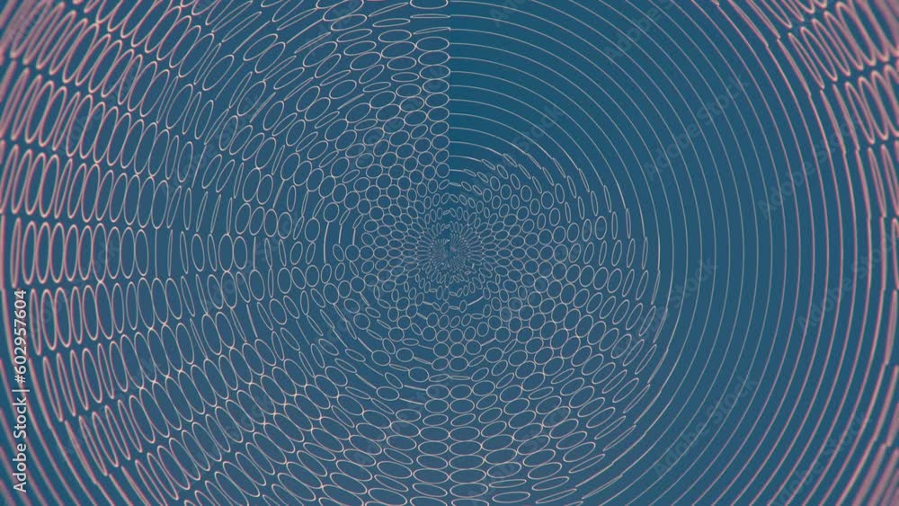 Poster Spiral diverging wave of rotating planar circles. 3d rendering loop animation 4K