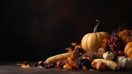 Composition of pumpkins, corn, vegetables. Thanksgiving Day. Autumn banner. Autumn. Place for text