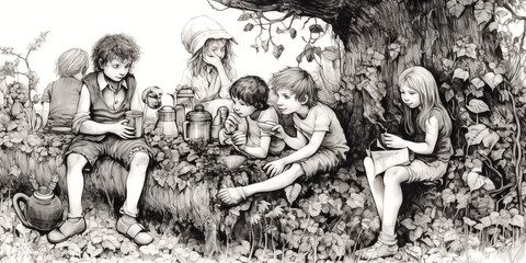 A pen and ink drawing of children at a picknic was created - generative ai.