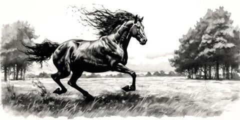 An iconic pen and ink drawing of a black stalion horse running was created - generative ai.