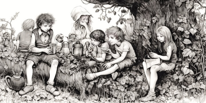 A pen and ink drawing of children at a picknic was created - generative ai.