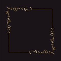 Gold floral square frame. Elegant line border, leaves and flowers, wedding invitation and cards, logo design and posters template. Simple minimal style botanical vector art.