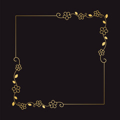 Gold floral square frame. Elegant line border, leaves and flowers, wedding invitation and cards, logo design and posters template. Simple minimal style botanical vector art.