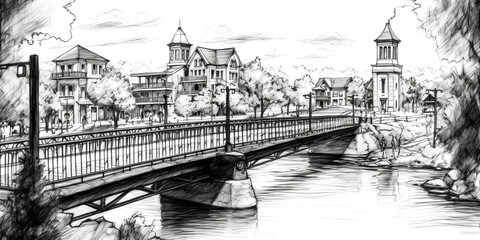 A pen and ink drawing of Liberty Bridge in Greenville, South Carolina was created - generative ai.