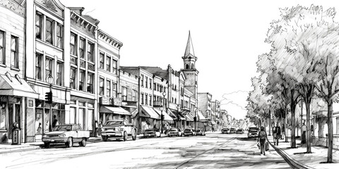 A pen and ink drawing of downtown Greenville in South Carolina was created using generative AI - generative ai. - obrazy, fototapety, plakaty