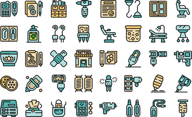 Tattoo equipment icons set outline vector. Machine needle. Studio tool thin line color flat on white