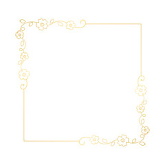 Gold floral square frame. Elegant line border, leaves and flowers, wedding invitation and cards, logo design and posters template. Simple minimal style botanical vector art.