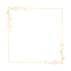 Gold floral square frame. Elegant line border, leaves and flowers, wedding invitation and cards, logo design and posters template. Simple minimal style botanical vector art.