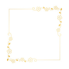 Gold floral square frame. Elegant line border, leaves and flowers, wedding invitation and cards, logo design and posters template. Simple minimal style botanical vector art.