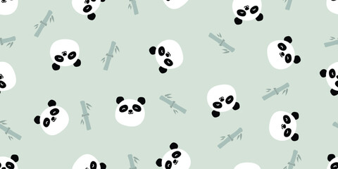 Cute panda face and bamboo leaf doodle cartoon pattern © waruntorn