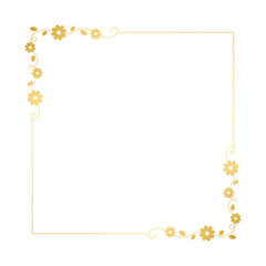 Gold floral square frame. Elegant line border, leaves and flowers, wedding invitation and cards, logo design and posters template. Simple minimal style botanical vector art.