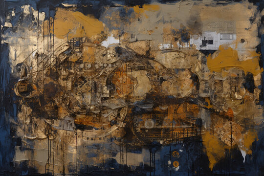 Industrial Fusion: A Captivating Large Canvas Painting with Collages, Paint, and Blue-Sepia Hues AI generated © artefacti
