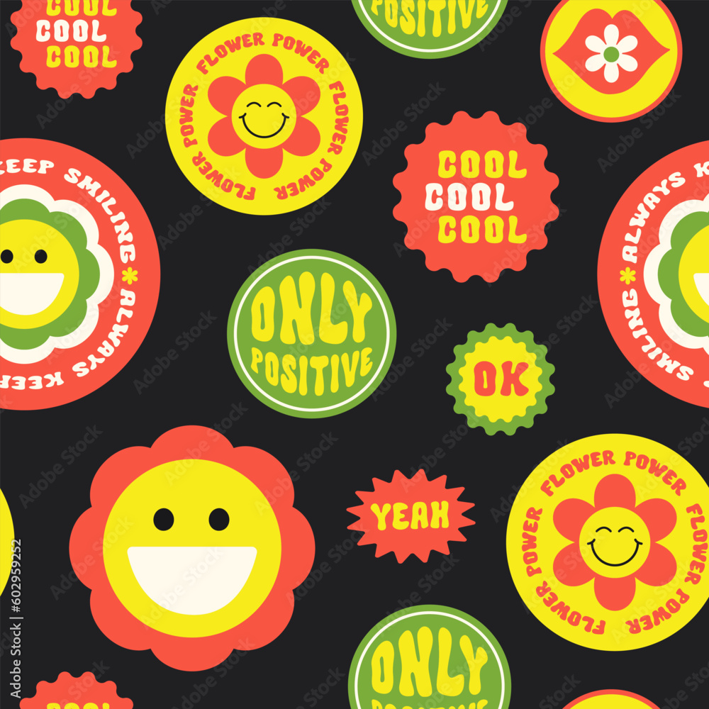 Poster trendy colorful cartoon stickers seamless pattern with smiling face and text. collection of cute fun