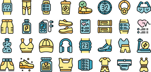 Running accessories icons set outline vector. Wrist pedometer. Walk fit thin line color flat on white