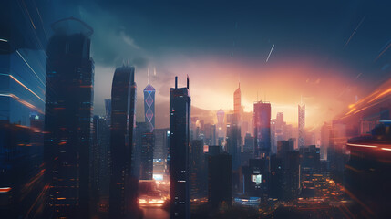 Fototapeta premium A futuristic city skyline at dusk showcasing the integration of technology and architecture with vibrant colors and abstract patterns. Generative AI, Generative, AI