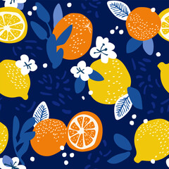 Different citrus fruits with leaves as background, top view. Seamless pattern with oranges and lemons.