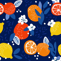 Orange, lemon, grapefruit sliced seamless pattern. Organic healthy fruit background.