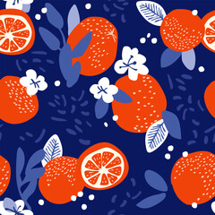 Seamless pattern with  hand drawn grapefruit, flowers and leaves. Citrus background.