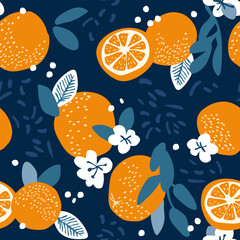 Fresh orange fruits with leaves background, top view. Seamless pattern with oranges.