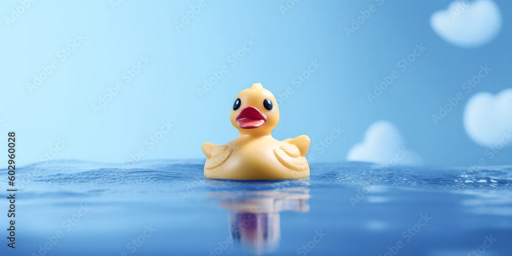 Poster a unique rubber duck concept was created on a blue background - generative ai.