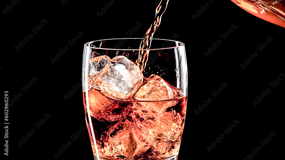 Poster a soft drink is being poured into a glass filled with ice, isolated on a background - generative ai.
