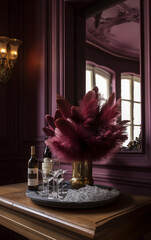 Interior in the women's room in burgundy on the table a vase with burgundy feathers.