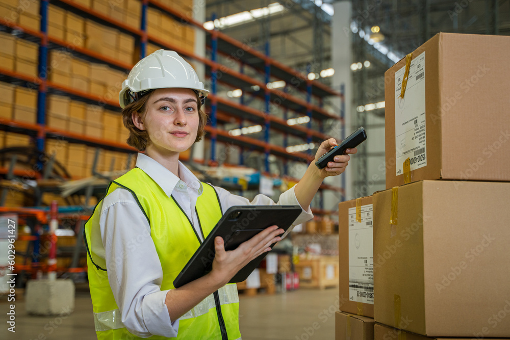 Fototapete warehouse worker checking and loading or unloading boxes in a large distribution warehouse.