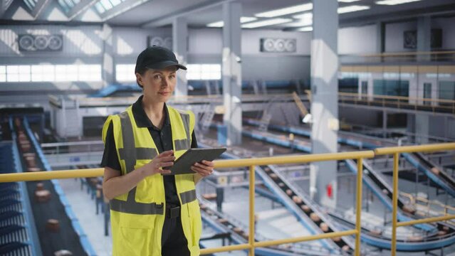 Modern Machine Operator Wearing Safety Yellow High Visibility Vest is Using a Tablet Computer to Manage an Automated Conveyor Belt at a Parcel Delivery Terminal. Female Logistics Manager at Work