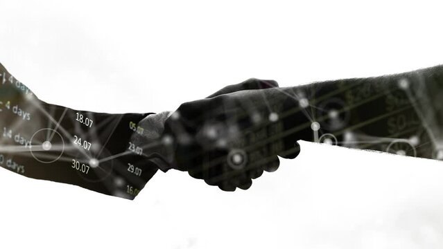 Silhouette male handshake on white background with double exposure of moving charts and quotes in trading indices with polygonal mesh. Cg