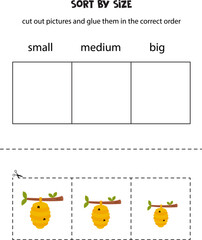 Sort bee hives by size. Educational worksheet for kids.