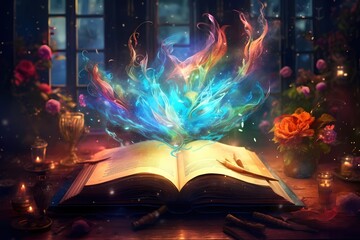 Colorful concept depicting a fantasy book resting on a table in a cozy environment, accompanied by enchanting and vibrant flames that dance from its pages. Created with generative A.I. technology.