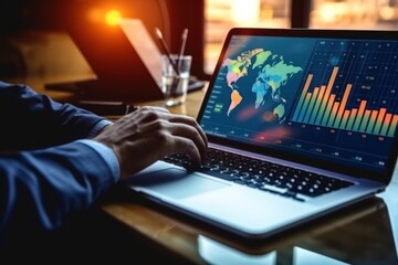 A pair of hands working at a laptop. Concept of business growth and financial investment, analyze sales data and economic growth graphs, business planning and strategy, created with generative A.I.