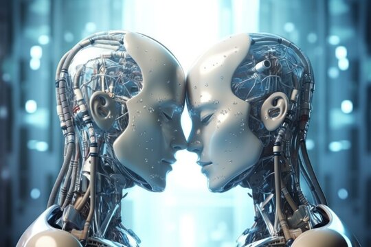 Concept of the relationship between two artificial intelligences embodied in futuristic robot androids. The image portrays a captivating synergy between the AI entities. Generative A.I. technology.