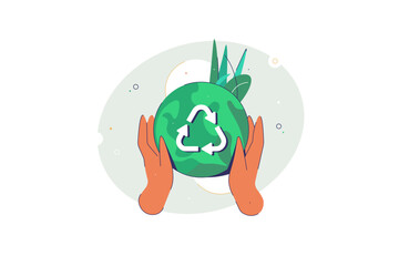Hands Holding Planet Earth With Recycle Symbol Vector Illustration. Protecting earth planet with recycle arrows. Care for the environment