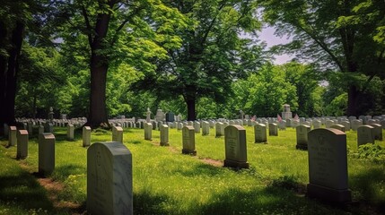 Naklejka premium Memorial Day. American flags on tombs of American Veterans on Memorial Day. Generative Ai.