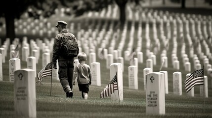 back view of father in military uniform holding hands with daughter near american flags with memorial day illustration - obrazy, fototapety, plakaty