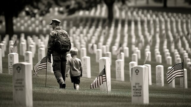 back view of father in military uniform holding hands with daughter near american flags with memorial day illustration