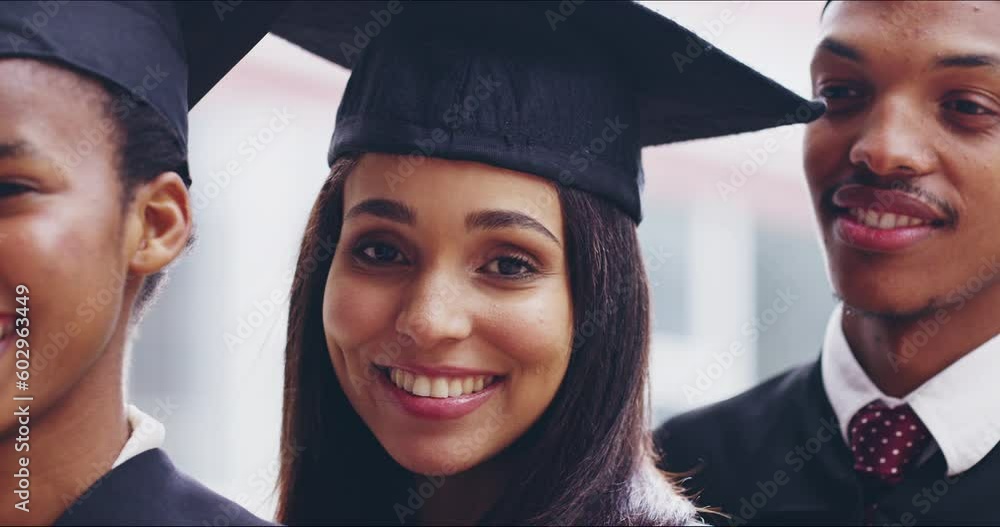 Poster Study, graduation and smile with face of woman in college for achievement, education and scholarship. University, future and diploma with portrait of student for success, certificate and graduate