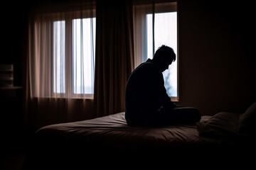 Man with depression or insomnia sits on bed in dark room - Theme Depressed, Fatique Syndrome, Insomnia - Generative AI - obrazy, fototapety, plakaty