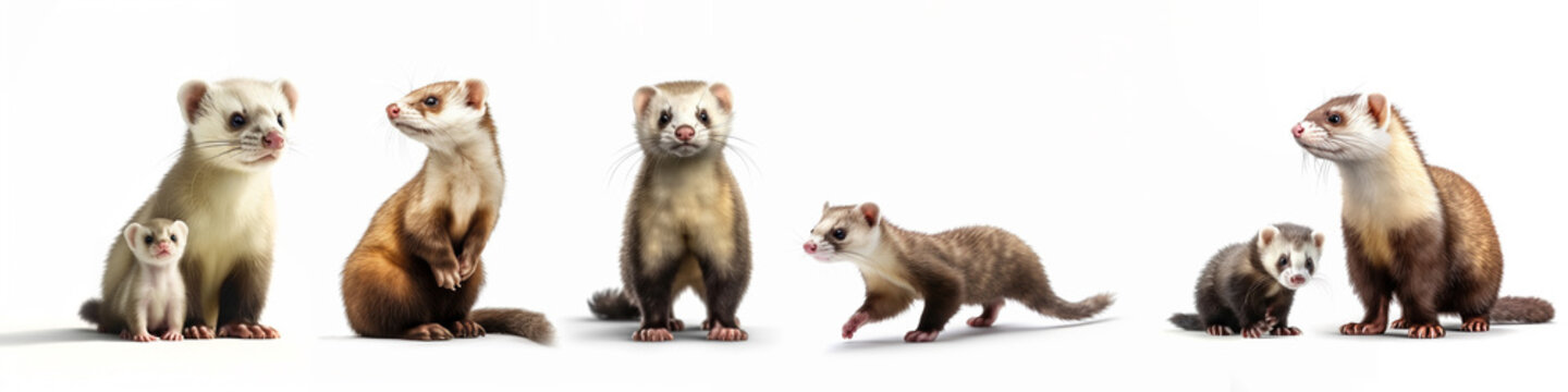 Animals pets ferrets banner panorama long - Collection of funny cute lying, sitting white brown ferret (mustela putorius furo) family with baby, isolated on white background, Generative Ai