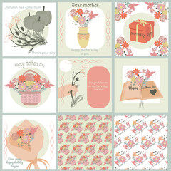 Set of cards for mother's day,apples and flowers, a vase of flowers, a gift, a basket of flowers, a book and flowers, patterns